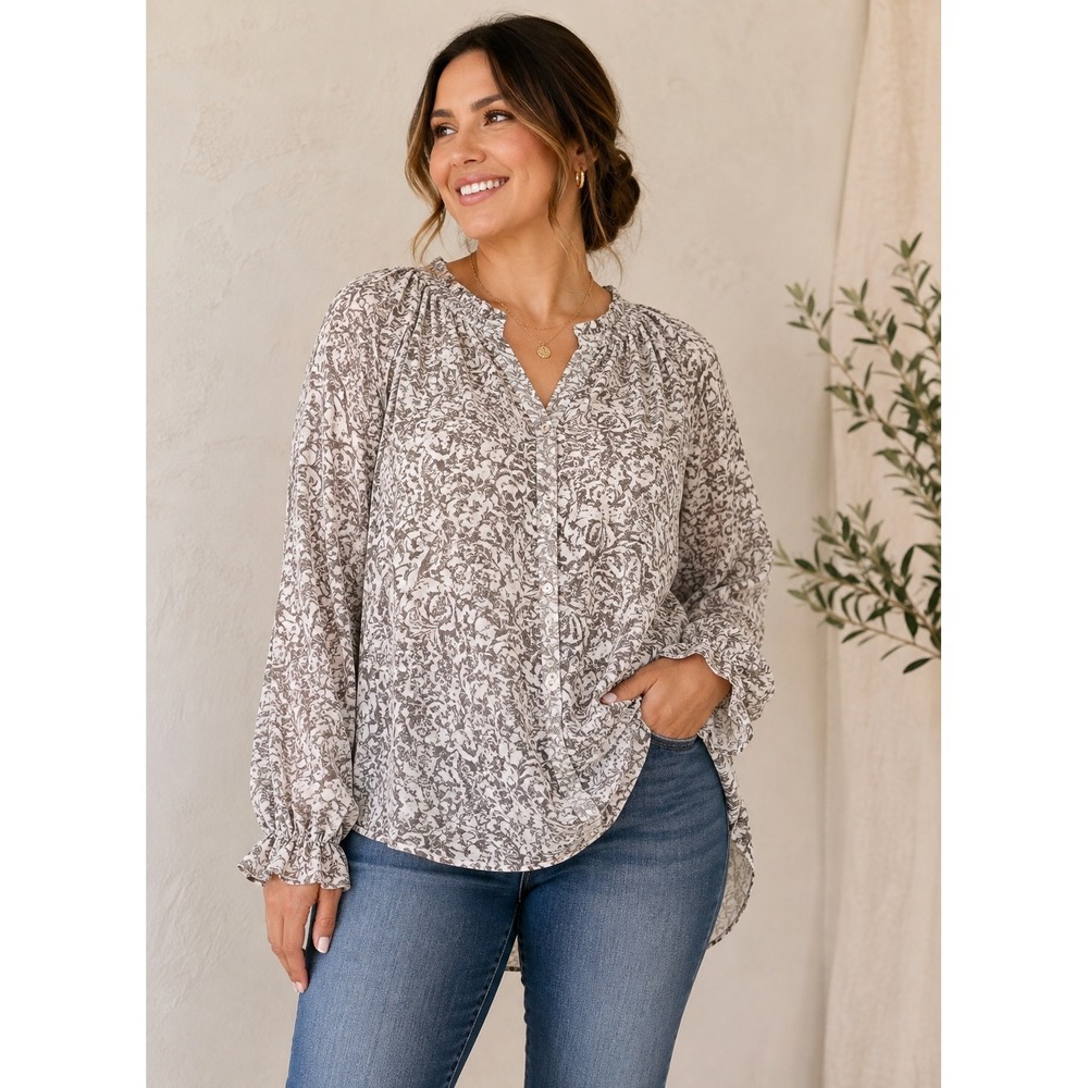 AllSaints Blouse L Floral Sheer Ruffle Cuff Romantic Professional Contemporary